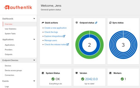 authentik screenshot: Admin dashboard with system status