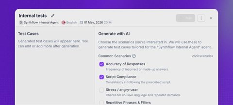 Synthflow screenshot: Test cases generated for an agent