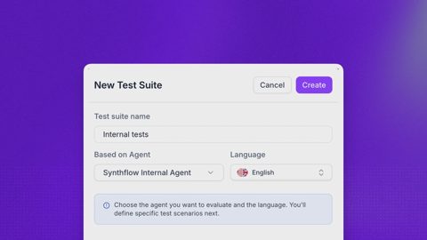 Synthflow screenshot: New test suite dialog