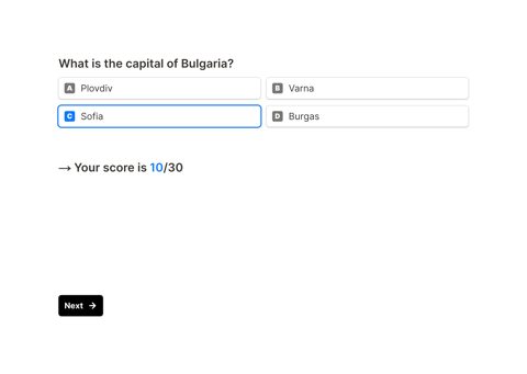 Tally screenshot: Quiz form with score display