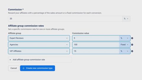 Tapfiliate screenshot: Commission rates by affiliate group