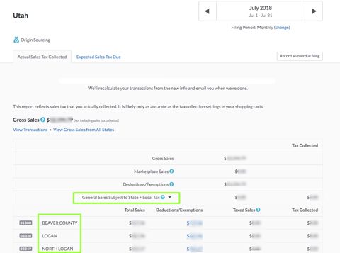 TaxJar screenshot: State sales tax report