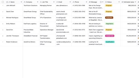 Teable screenshot: CRM leads in grid view