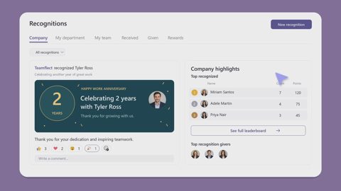 Teamflect screenshot: Company recognitions feed