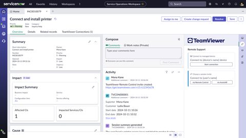 TeamViewer screenshot: ServiceNow incident with TeamViewer panel