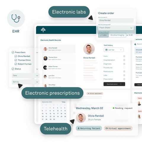 Tebra screenshot: EHR chart, labs, prescriptions and telehealth