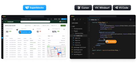 Superblocks screenshot: Generated internal app next to code editor