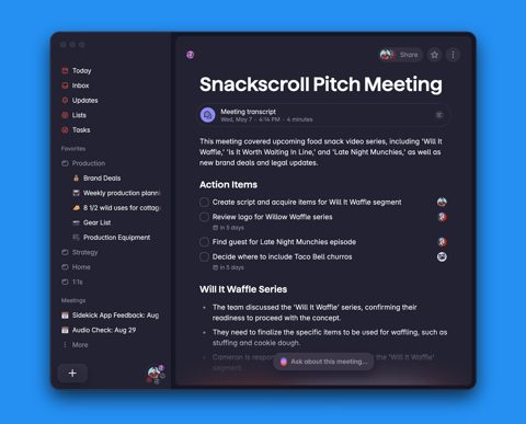 Superlist screenshot: Desktop app with meeting notes and action items