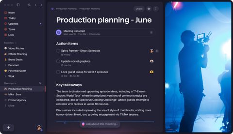 Superlist screenshot: Meeting notes page with sidebar