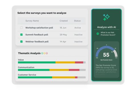 SurveyMonkey screenshot: Survey selection and thematic analysis