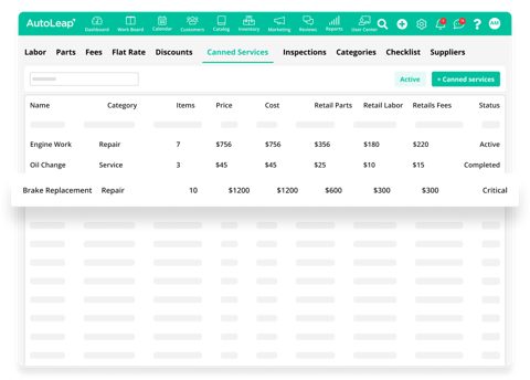 AutoLeap screenshot: Canned services catalog