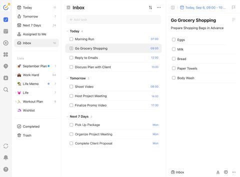 TickTick screenshot: Task inbox with list and detail
