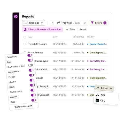 Toggl Track screenshot: Time log report with export