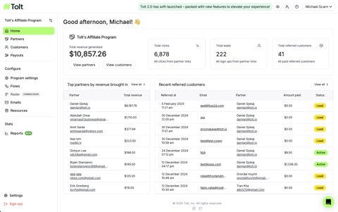 Tolt screenshot: Affiliate program dashboard
