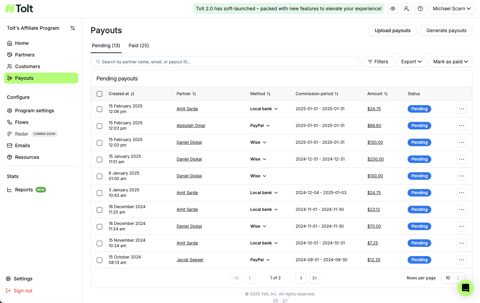 Tolt screenshot: Partner payouts list