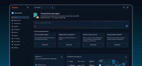 Avalara screenshot: Aviator home with recommended actions