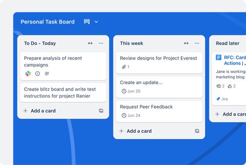 Trello screenshot: Kanban board with lists