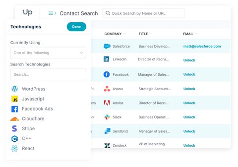 UpLead screenshot: Technology filter for prospect search
