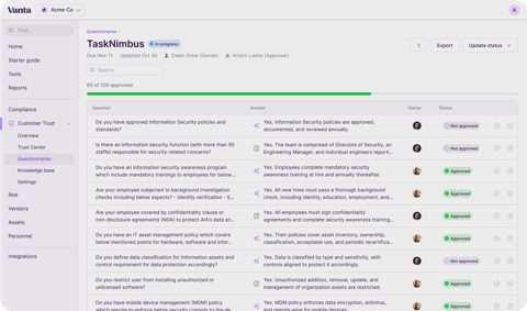 Vanta screenshot: Security questionnaire answers list