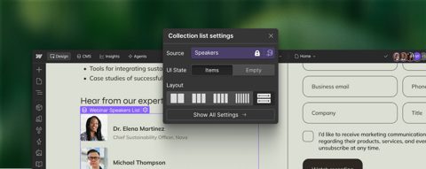 Webflow screenshot: CMS collection list settings