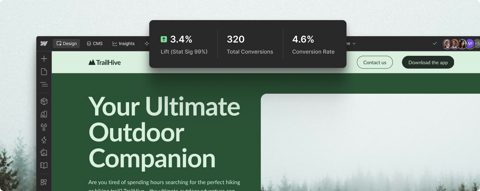 Webflow screenshot: Designer with conversion metrics
