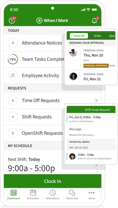When I Work screenshot: Mobile app home with clock-in