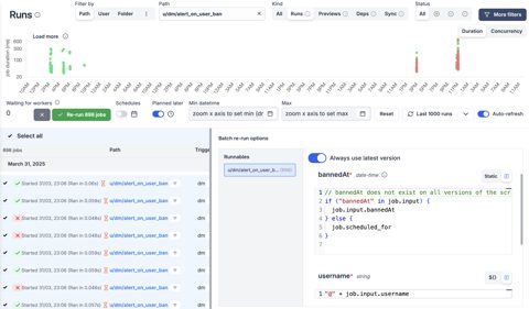 Windmill screenshot: Runs list with batch re-run panel
