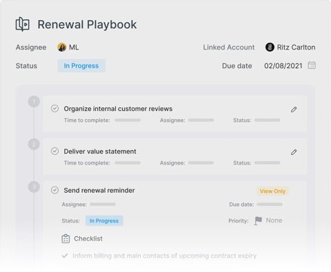 Velaris screenshot: Renewal playbook task list