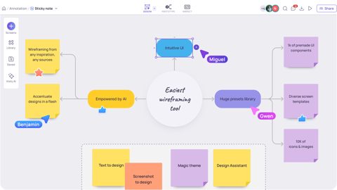 Visily screenshot: Wireframing canvas with notes and flows