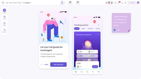 Visily screenshot: Editor with mobile screens on canvas