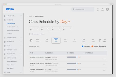 Walla screenshot: Class schedule by day