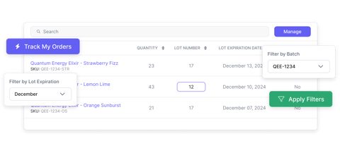 Warehance screenshot: Lot tracking and batch filters