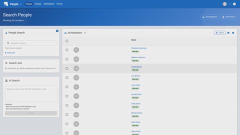 B1 Church screenshot: People search and member list