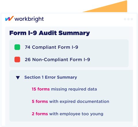 WorkBright screenshot: Form I-9 audit summary