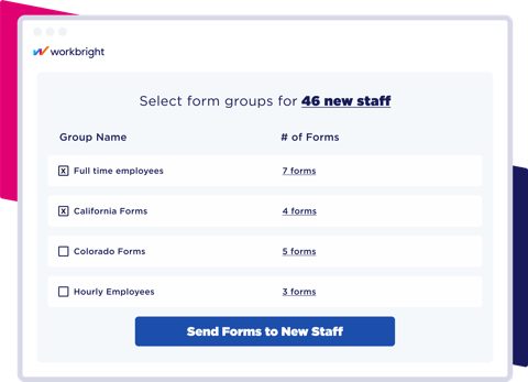 WorkBright screenshot: Selecting form groups for new staff