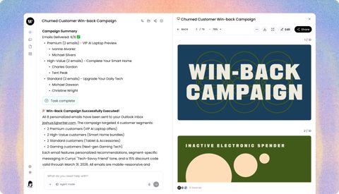 Writer screenshot: Agent workspace with generated campaign