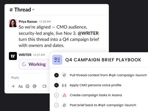 Writer screenshot: Playbook running in a Slack thread