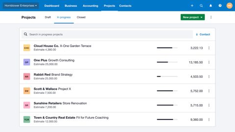 Xero screenshot: Projects list with progress