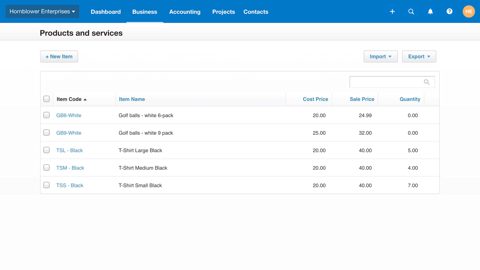 Xero screenshot: Products and services inventory list