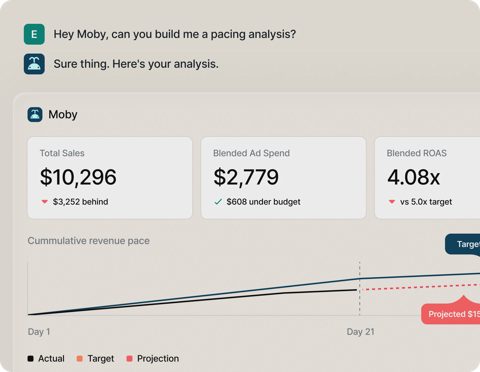 Triple Whale screenshot: Moby AI pacing analysis