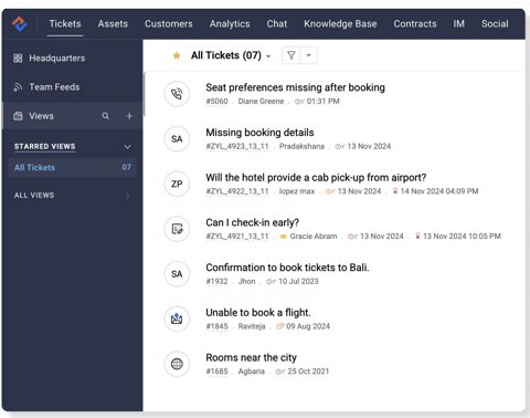 Zoho Desk screenshot: Ticket list with views sidebar