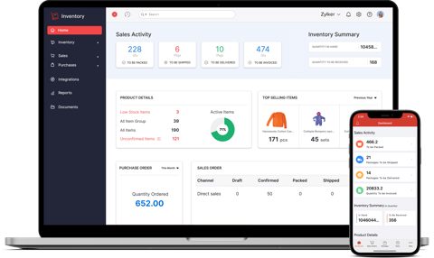 Zoho Inventory screenshot: Inventory dashboard on laptop and phone