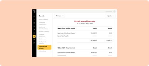 Zoho Payroll screenshot: Payroll journal summary report