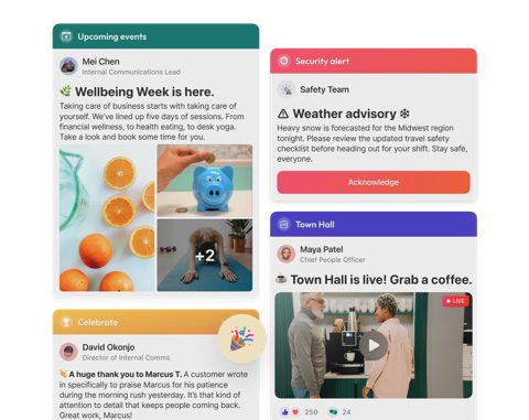Blink screenshot: Mobile feed with alerts, events and town hall
