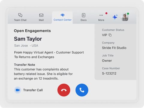 Zoom Contact Center screenshot: Agent desktop with customer profile and call controls