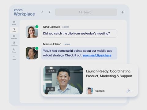 Zoom Workplace screenshot: Team Chat conversation with meeting clip