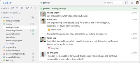 Zulip screenshot: Channels, topics and conversation view