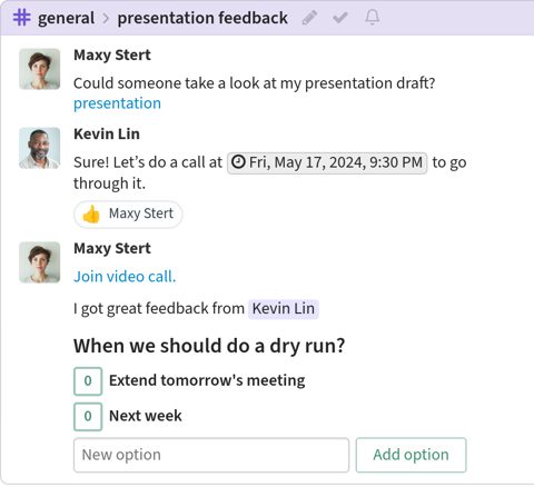 Zulip screenshot: Message thread with poll and video call