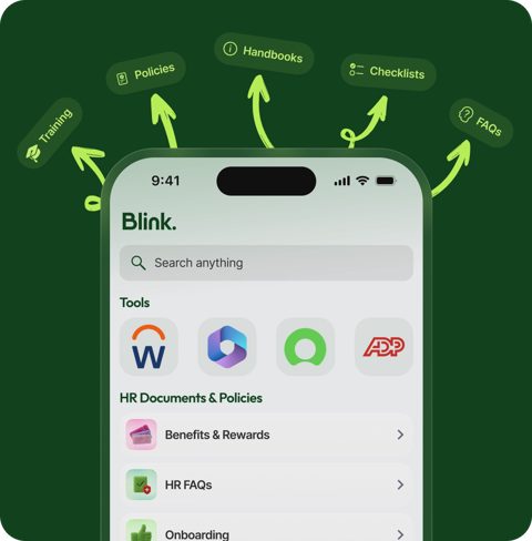 Blink screenshot: Mobile hub with tools and HR documents