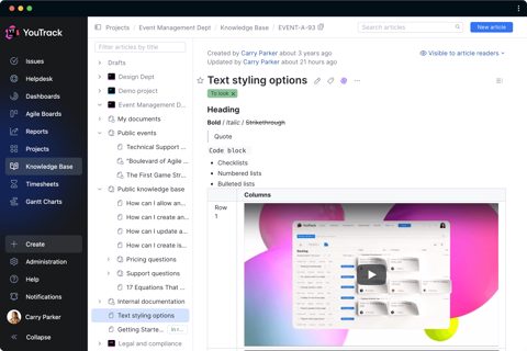 YouTrack screenshot: Knowledge base article editor